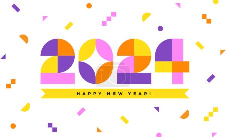 Foto de Feliz Año Nuevo 2024 tarjeta de felicitación o diseño de banner con números geométricos de colores sobre fondo blanco. - Imagen libre de derechos