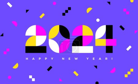 Foto de Feliz Año Nuevo 2024 tarjeta de felicitación o diseño de banner con números geométricos de colores sobre fondo azul. - Imagen libre de derechos