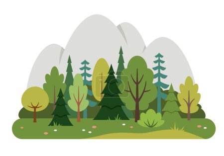 Foto de Ilustración de bosque plano con pinos y montañas. Escena exterior. Fondo de naturaleza. - Imagen libre de derechos