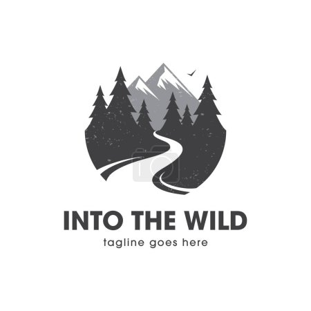 Foto de Logotipo con montañas, bosque y río. Aventura, viajes y senderismo símbolo. - Imagen libre de derechos