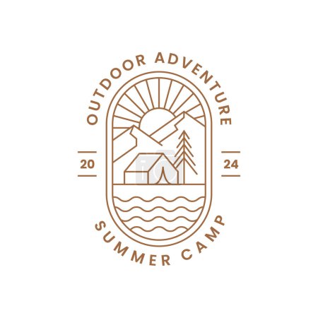 Foto de Logotipo lineal para campamento de verano con montañas y carpa. Símbolo de aventura al aire libre, etiqueta, emblema o placa. - Imagen libre de derechos