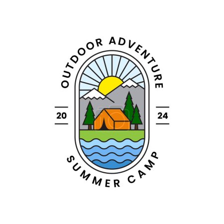 Foto de Logo lineal colorido para campamento de verano con montañas y carpa. Símbolo de aventura al aire libre, etiqueta, emblema o placa. - Imagen libre de derechos