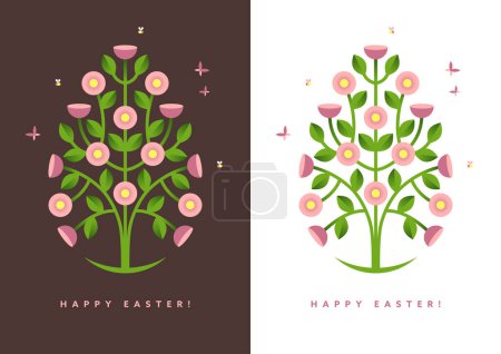 Foto de Tarjeta de felicitación floral de Pascua, diseño de pancarta o póster con una flor abstracta en flor, ilustración del árbol en forma de huevo. - Imagen libre de derechos