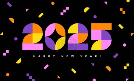 Foto de Feliz Año Nuevo 2025 tarjeta de felicitación o diseño de banner con números geométricos de colores sobre fondo negro. - Imagen libre de derechos