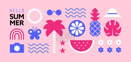 Foto de Banner horizontal de verano o fondo con formas geométricas abstractas, iconos y símbolos sobre fondo rosa. - Imagen libre de derechos