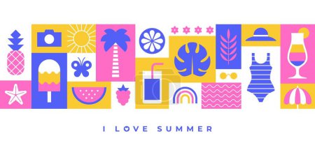 Foto de Banner horizontal de verano con iconos y símbolos de colores en bloques. - Imagen libre de derechos