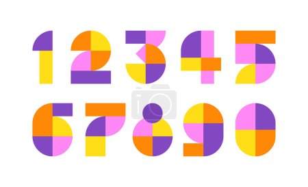 Foto de Conjunto de números geométricos coloridos, símbolos de fuente abstracta sobre fondo blanco. - Imagen libre de derechos