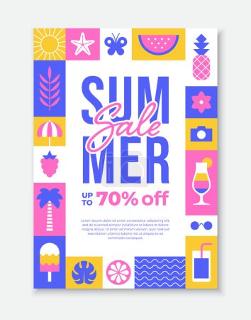 Foto de Plantilla de banner de venta de verano con marco colorido con iconos y símbolos de vacaciones de verano. - Imagen libre de derechos