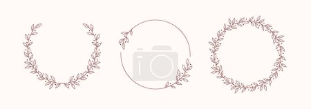 Foto de Conjunto de tres elegantes marcos florales en forma de círculo. Corona vectorial lineal con rama. Logo de boda o elemento de diseño de invitación. - Imagen libre de derechos