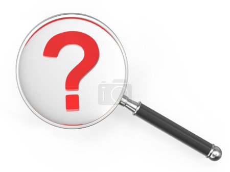 Photo for Magnifying Glass with Red Question Mark , This is a 3d rendered computer generated image. Isolated on white. - Royalty Free Image