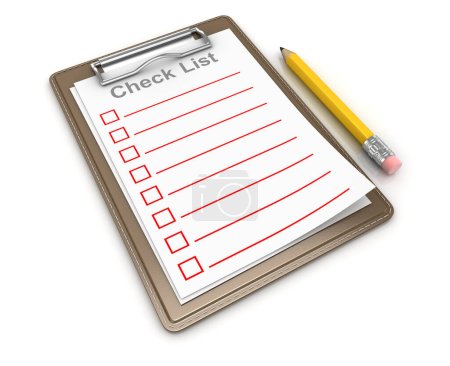 Checklist and Yellow Pencil , This is a 3d rendered computer generated image. Isolated on white.
