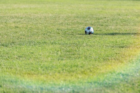 Foto de Balón de fútbol sobre hierba y estadio real - Imagen libre de derechos