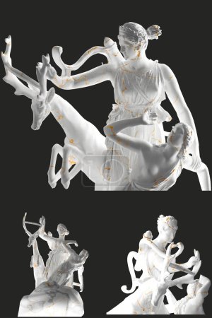 Téléchargez les photos : Statue Renaissance en or Artemis et Iphigeneia rendu 3D parfait pour la mode, pochette d'album - en image libre de droit