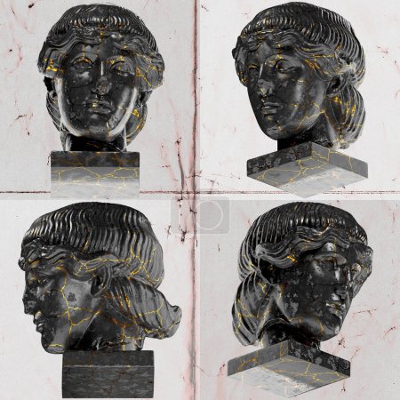 Téléchargez les photos : Head of Orpheus Une captivante statue en marbre noir avec des accents dorés pour un projet artistique - en image libre de droit