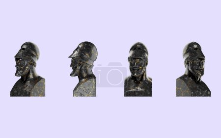 Foto de Guerrero con casco Miltiades Antigua estatua del busto digital griego 3D en mármol negro y Gol - Imagen libre de derechos