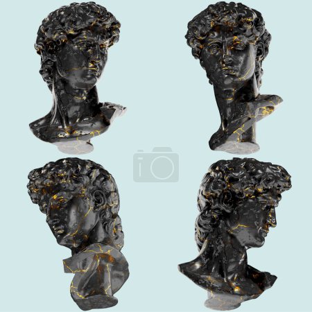 Kopf von Michelangelos David Renaissance 3D Digitale Büste in schwarzem Marmor und Gol