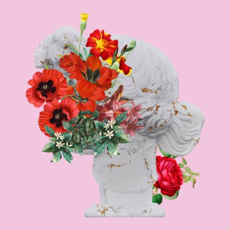 Apollo Giustiniani statues 3d renders; collage with flower petals compositions for your work