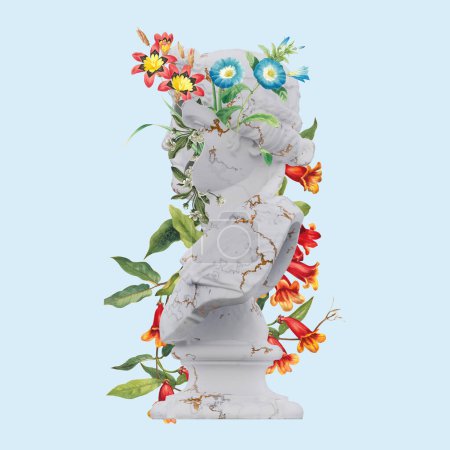junge Frau Statuen 3D-Renders, Collage mit Blütenblättern Kompositionen für Ihre wor
