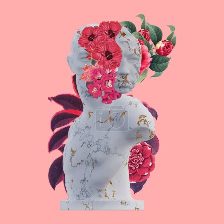 Emil Andreasen statues 3d renders, collage with flower petals compositions for your wor