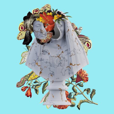 Camilla Barbadori estatuas 3d render, collage con flores pétalos composiciones para su varita