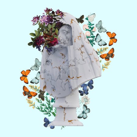 Statues Camilla Barbadori rendu 3d, collage avec des compositions de pétales de fleurs pour votre wor