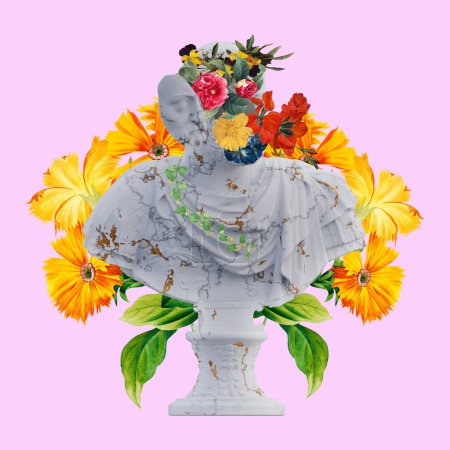 de Medici statues 3d render, collage with flower petals compositions for your work