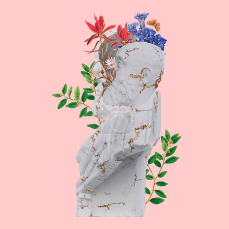Marcantonio Ruzzini statues 3d render, collage with flower petals compositions for your work