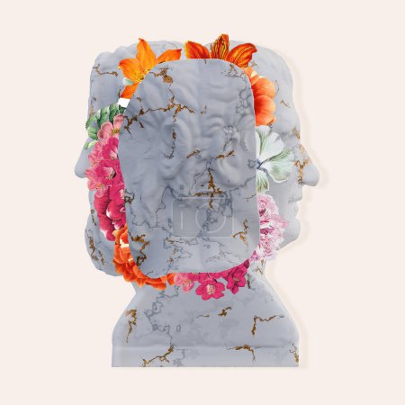 Aristophanes Menander statues 3d render, collage with flower petals compositions for your work