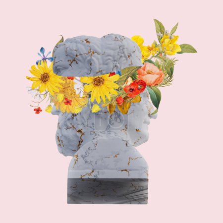 Aristophanes Statues Menander rendu 3d, collage avec des compositions de pétales de fleurs pour votre travail