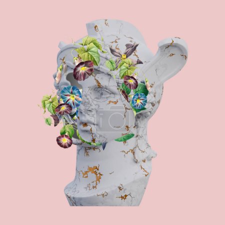 Statues Athena Parthenos rendu 3D, collage avec des compositions de pétales de fleurs pour votre travail