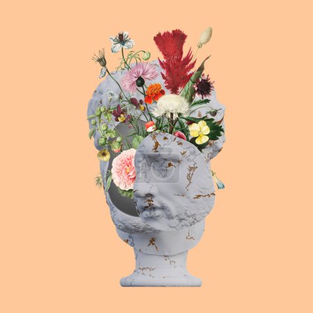 Vatican Apoxyomenos statues 3d render, collage with flower petals compositions for your work