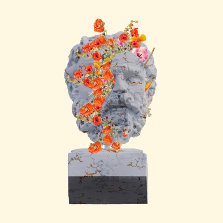 Bearded Man statues 3d render, collage with flower petals compositions for your work
