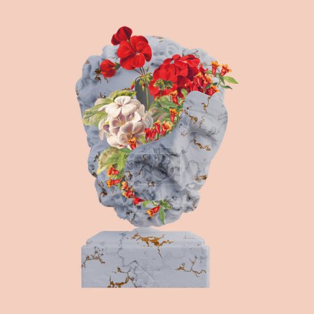 Bärtiger Mann Statuen 3D-Render, Collage mit Blumenblättern Kompositionen für Ihre Arbeit