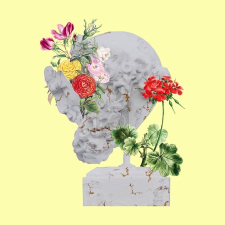 Estatuas de hombre barbudo 3d render, collage con flores pétalos composiciones para su trabajo