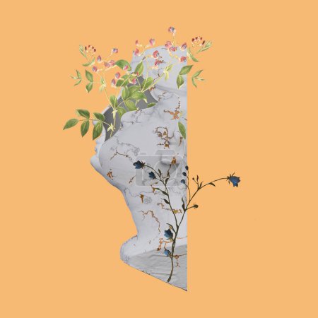 unkluge Jungfrau-Statuen 3D-Render, Collage mit Blütenblättern Kompositionen für Ihre Arbeit