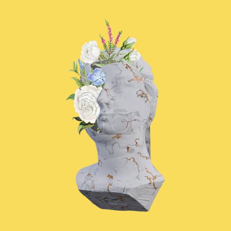unwise Virgin statues 3d render, collage with flower petals compositions for your work