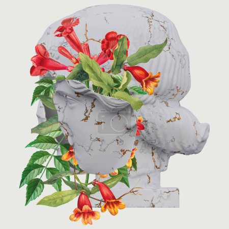Orpheus-Statuen 3D-Render, Collage mit Blütenblättern Kompositionen für Ihre Arbeit