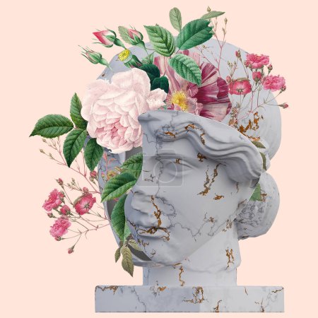 Orpheus-Statuen 3D-Render, Collage mit Blütenblättern Kompositionen für Ihre Arbeit
