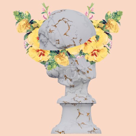 Statues de Pénélope en deuil rendu 3D, collage avec des compositions de pétales de fleurs pour votre travail