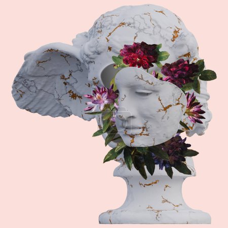 Hypnos Statuen 3D Render, Collage mit Blütenblättern Kompositionen für Ihre Arbeit