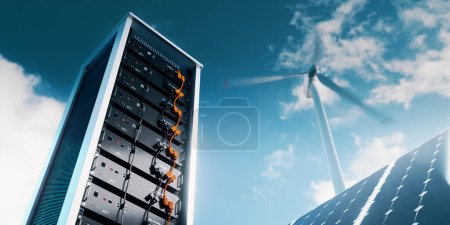 Das Bild zeigt den Energiespeicher in Lithium-Batteriemodulen, im Hintergrund eine Solarzelle und eine Windkraftanlage. 3D-Darstellung.
