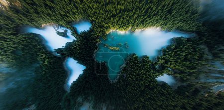Nature's masterpiece unveiled: A lush mountain forest with a continent-shaped turquoise lake from an aerial ultra-wide view. A call to protect our planet through sustainable development. 3D rendering.