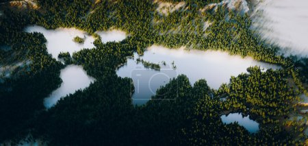 Foto de Hermoso bosque de montaña exuberante con un lago turquesa en forma de continente desde una vista aérea ultra amplia. Un llamado a proteger nuestro planeta a través del desarrollo sostenible. Renderizado 3D.; - Imagen libre de derechos