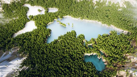 A breathtaking aerial view of a lush forest with a continent-shaped turquoise lake, a poignant reminder to protect our planet and promote sustainable development. 3D render