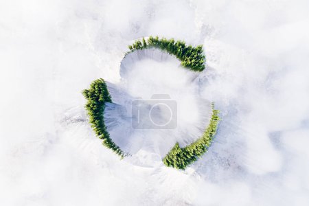 Photo for Explore nature's recycling system: mountain range hidden in white clouds shaped like arrows, adorned with trees mimicking their form. Eco-friendly symbol captured from above. 3d rendering. - Royalty Free Image