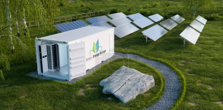 Vue détaillée du stockage d'énergie de la batterie situé dans un conteneur industriel ouvert sur une pelouse luxuriante avec une centrale photovoltaïque en arrière-plan. Rendu 3d.
