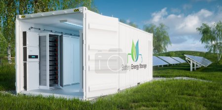 Photo for Close up view of the battery modules for energy storage inside open industrial container on a lush lawn with a photovoltaic power plant in the background. 3d rendering. - Royalty Free Image