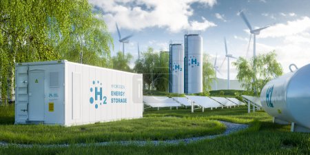 Photo for The concept of storing electrical energy in hydrogen by electrolysis. The system captures an electrolysis unit, storage tanks, solar and wind power plants on a lush lawn among the trees. 3d rendering - Royalty Free Image