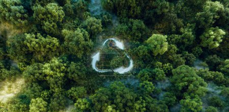 Emblème symbolique d'une éco-poussée pour le recyclage et la réutilisation, représenté comme un étang avec un panneau de recyclage dans un contexte de forêt vierge. Rendu 3d.