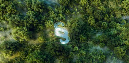 Photo for Concept underscoring environmental policies, laws, and regulations depicted by a lake in the shape of a paragraph symbol, nestled in a lush rainforest. 3d rendering. - Royalty Free Image